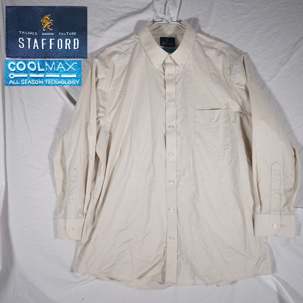 Stafford CoolMax Button Up Dress Shirt Tan Beige XL 17 to 17.5